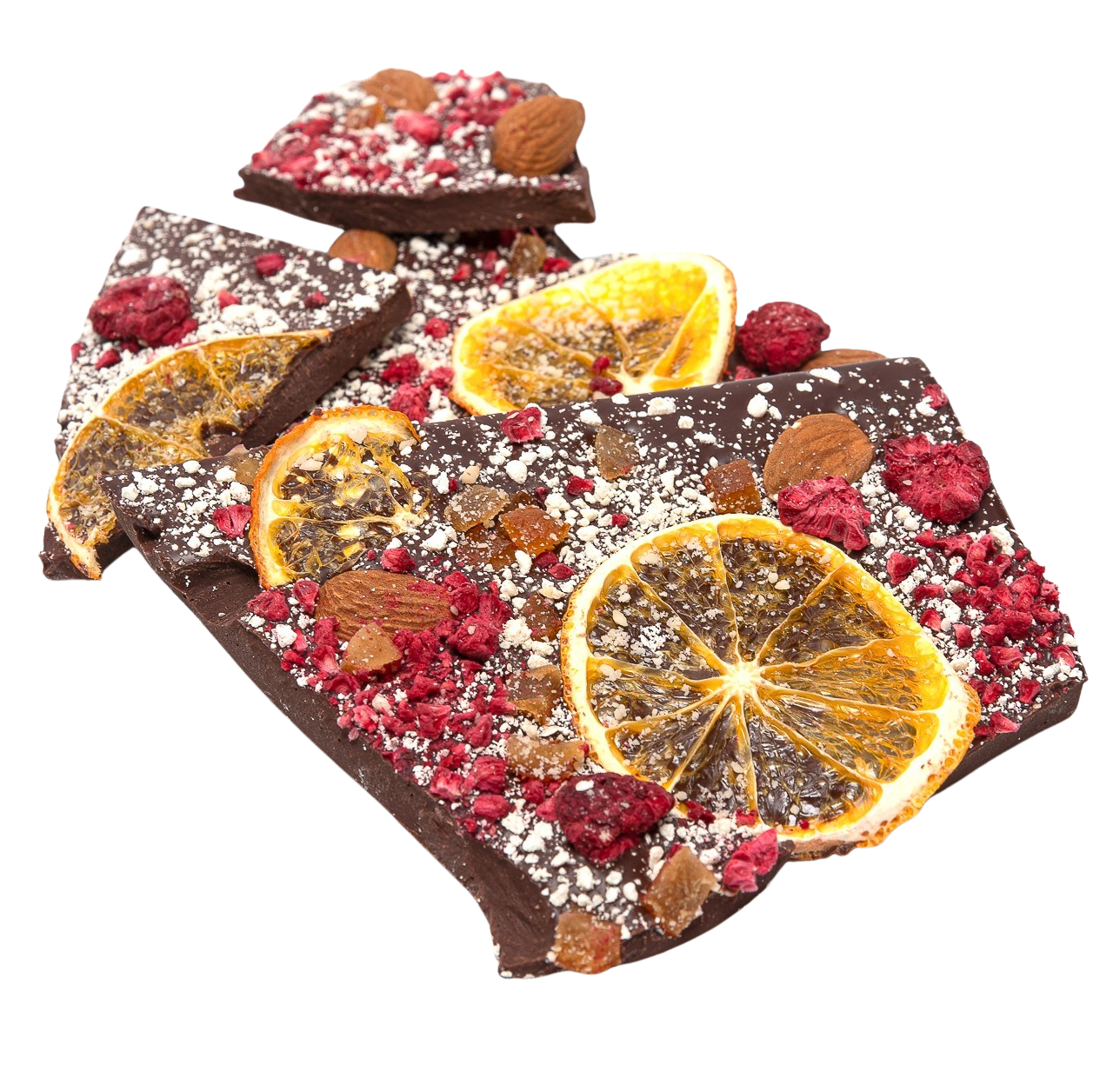 Dark chocolate broken bars with raspberry, almond and orange