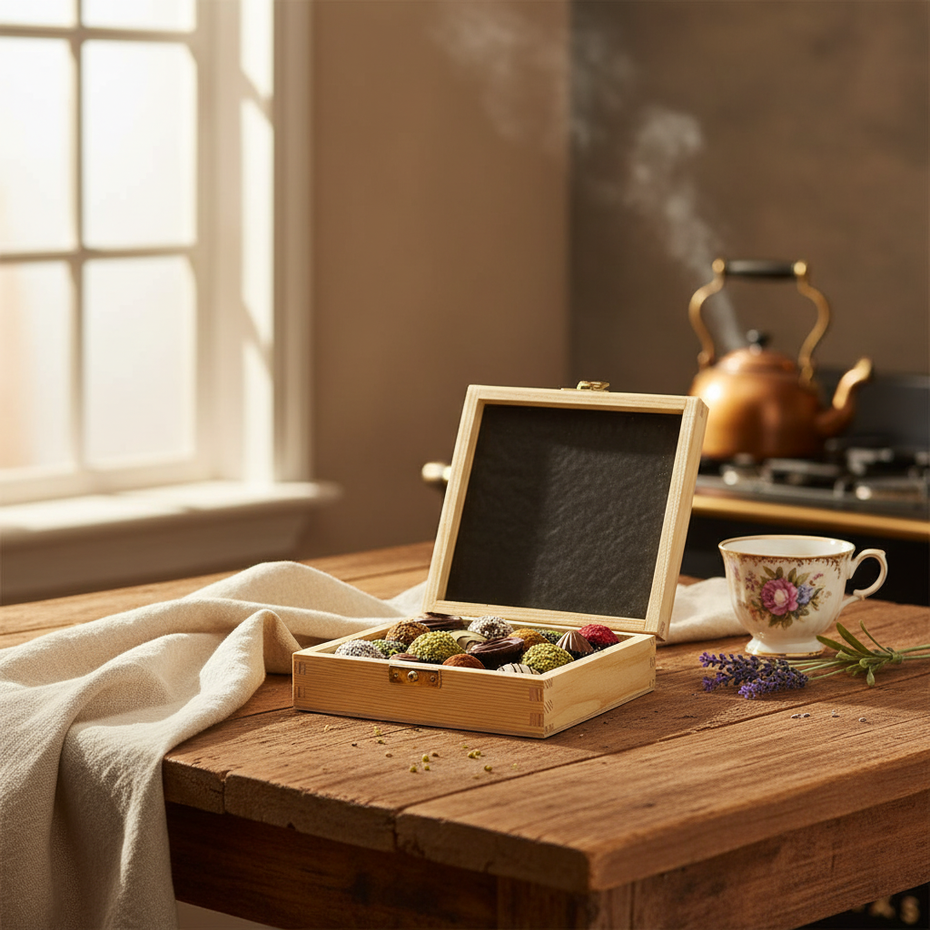 Wooden gift box with 16 pralines and truffles