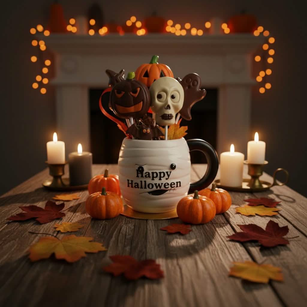 Dark chocolate drops in cup mummy with lollipops