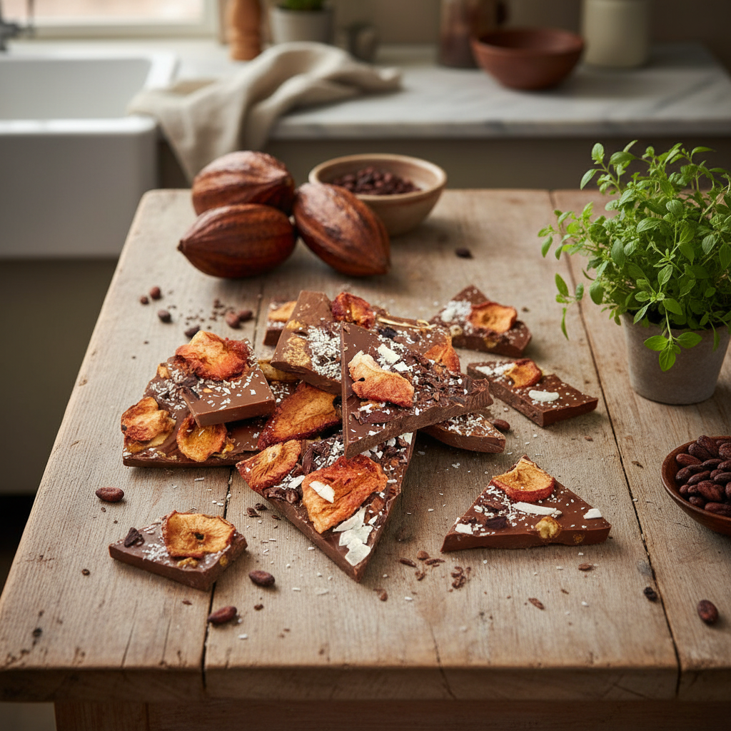 Milk chocolate broken bars with coconut, strawberry, cacao nibs