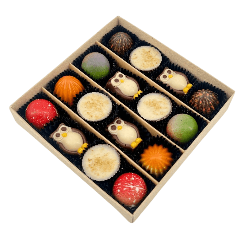 Mix of autumn pralines in a green gift box