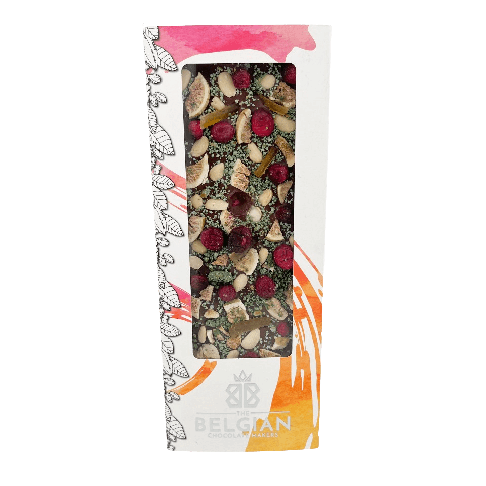 Fantasy milk chocolate bar 375 grs with fig, cranberry, almond, lemon and pistachio chunks