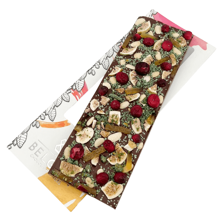 Fantasy milk chocolate bar 375 grs with fig, cranberry, almond, lemon and pistachio chunks