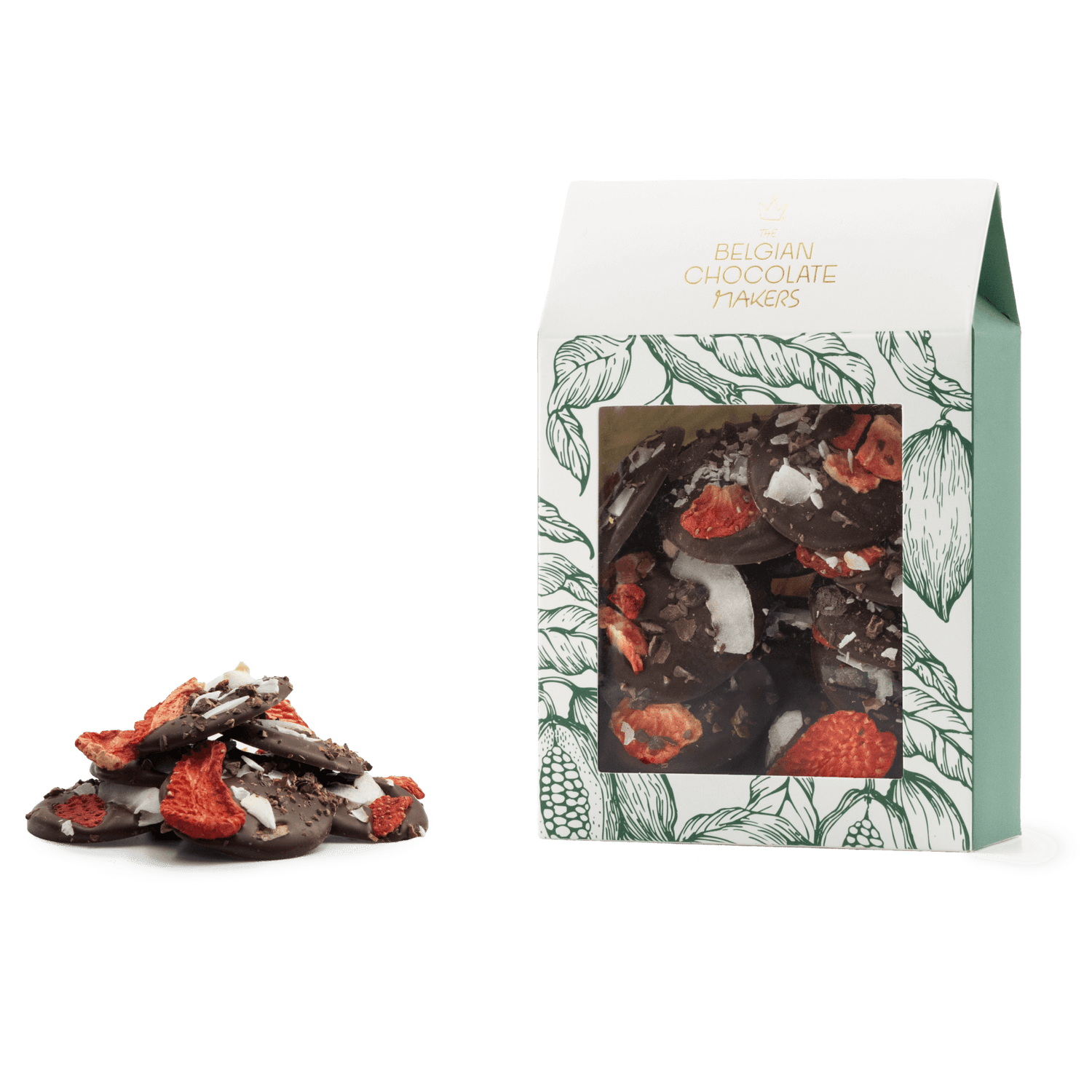 Dark chocolate mendiants with cacao nibs, strawberry and coconut chunks