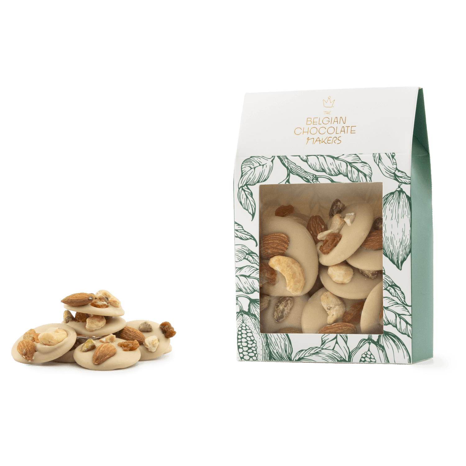 White chocolate mendiants with pistachio, almond, raisin and cashew chunks