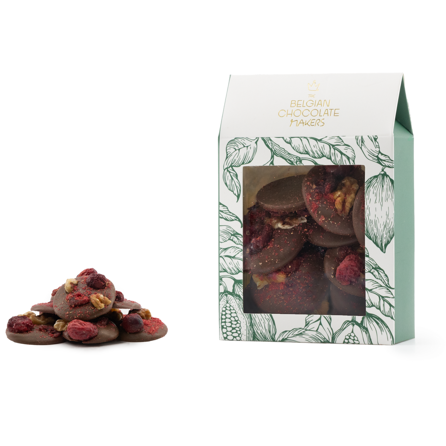 Milk chocolate mendiants with walnut, cranberry, blackcurrant and raspberry chunks