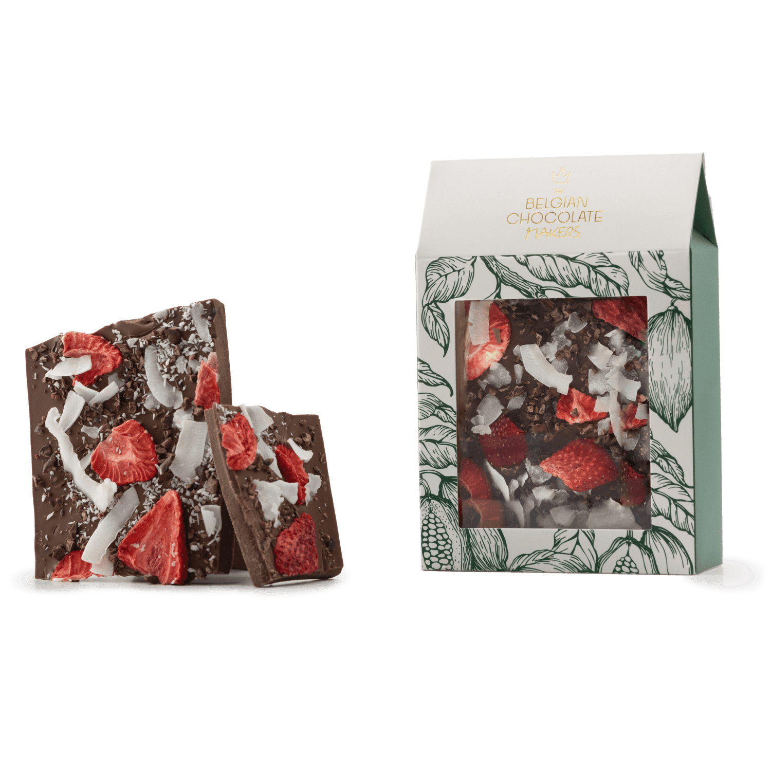 Milk chocolate broken bars with coconut, strawberry, cacao nibs