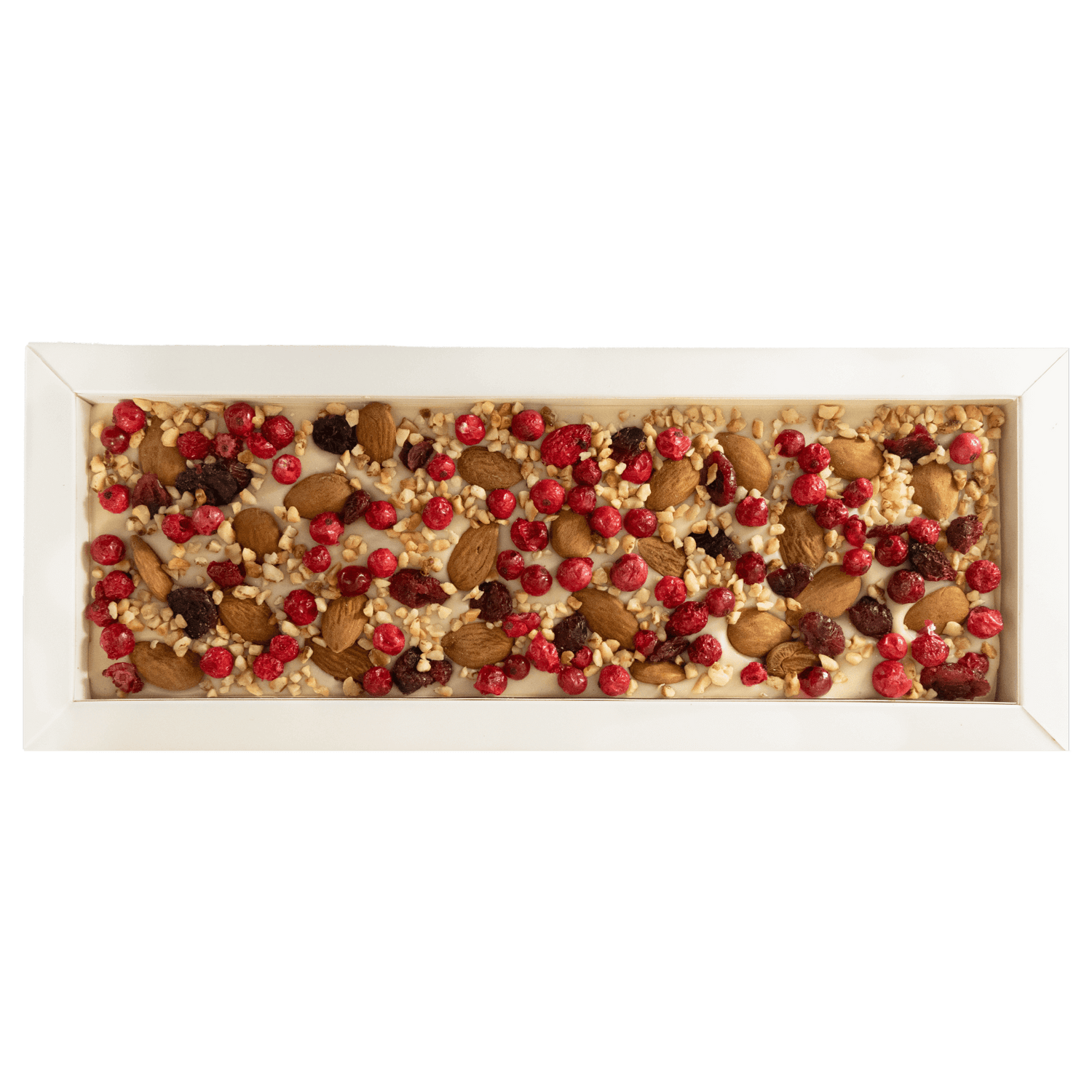 Fantasy white chocolate bar 550 grs with almond, cranberry, redcurrant and hazelnut chunks