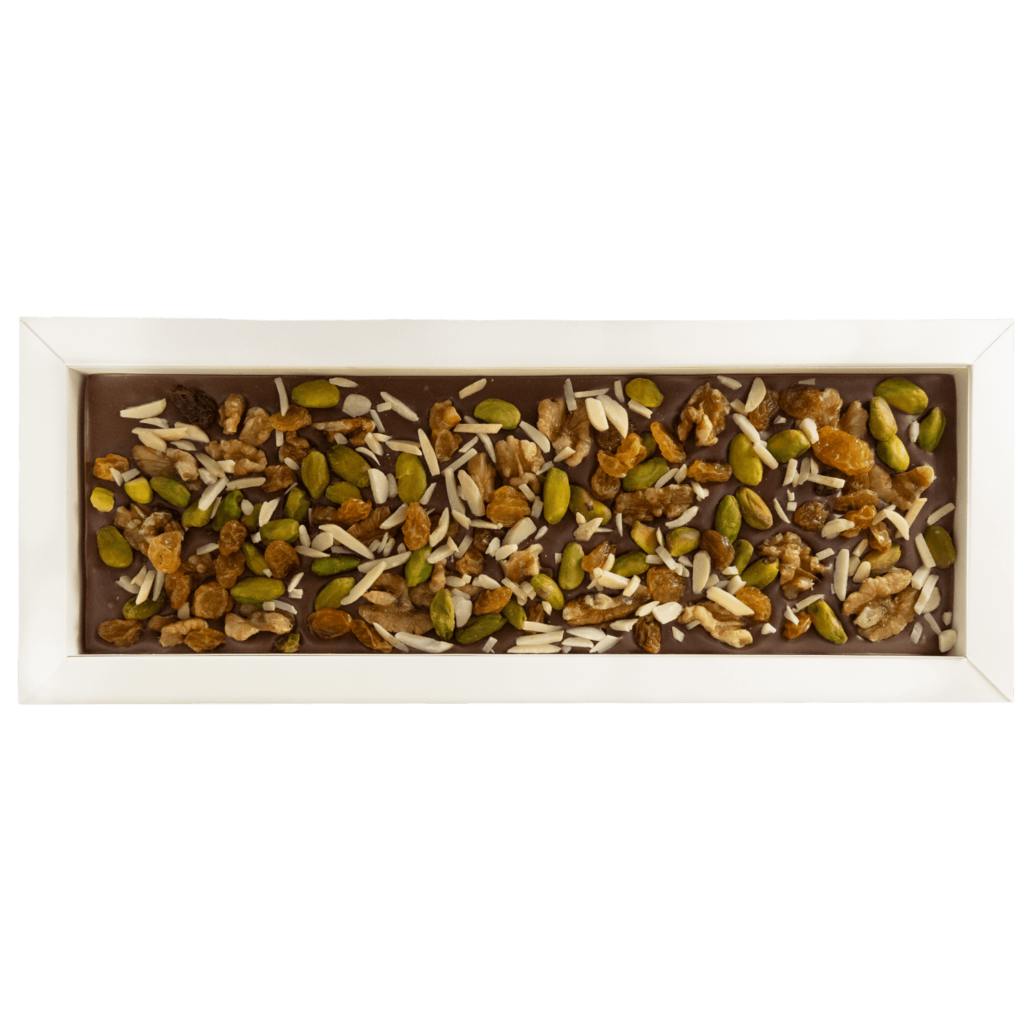 Fantasy milk chocolate bar 375 grs with walnut, pistachio, almond and raisins chunks