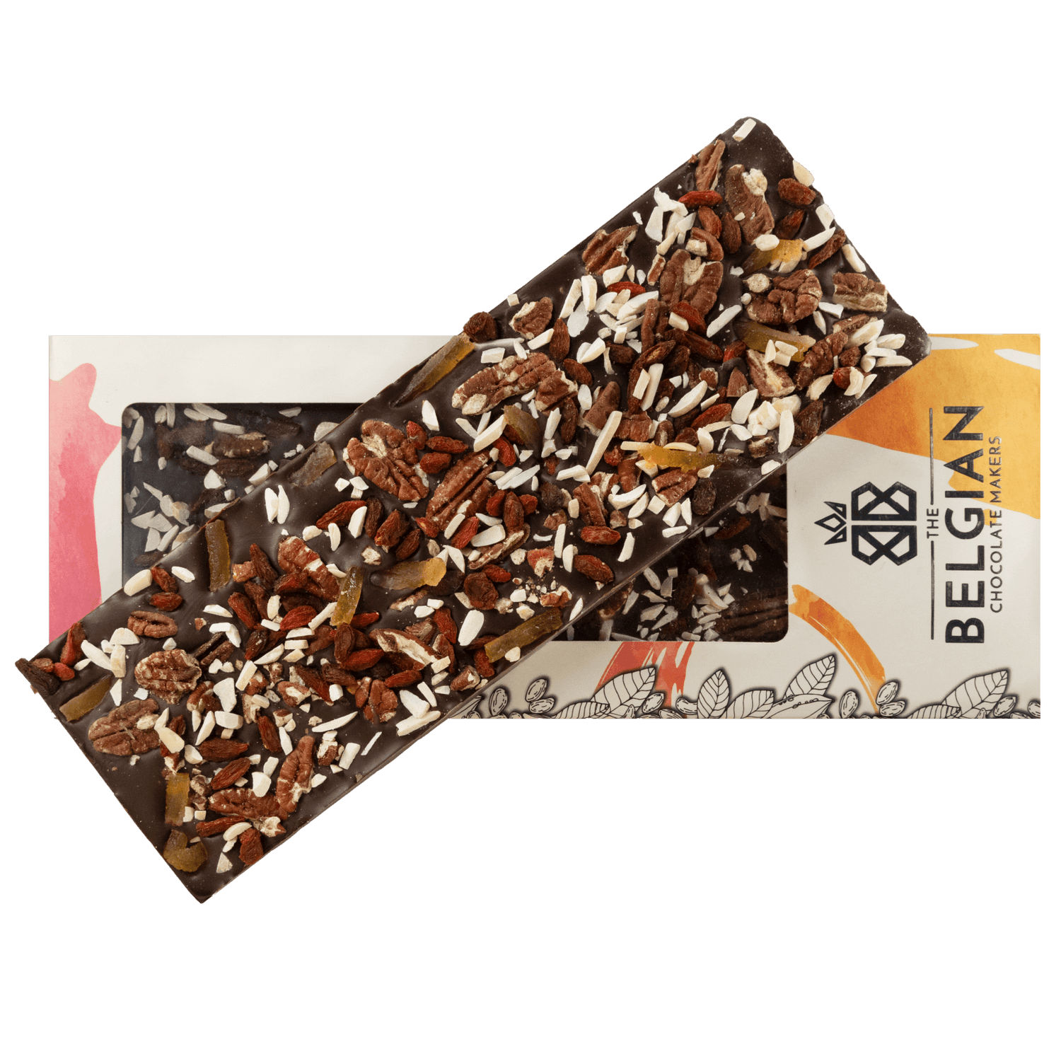Fantasy dark chocolate bar 550 grs with pecan nut, goji berry, lemon and almond chunks