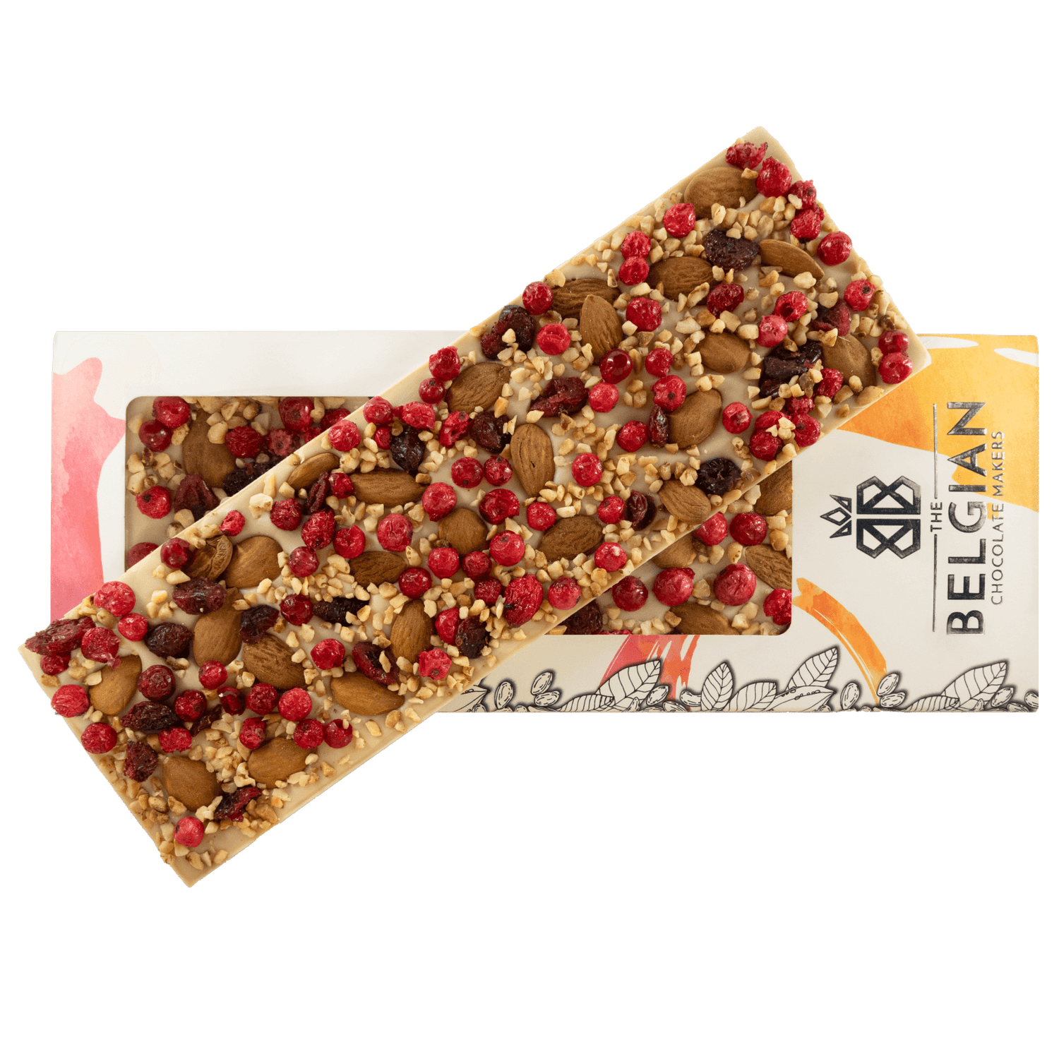 Fantasy white chocolate bar 550 grs with almond, cranberry, redcurrant and hazelnut chunks