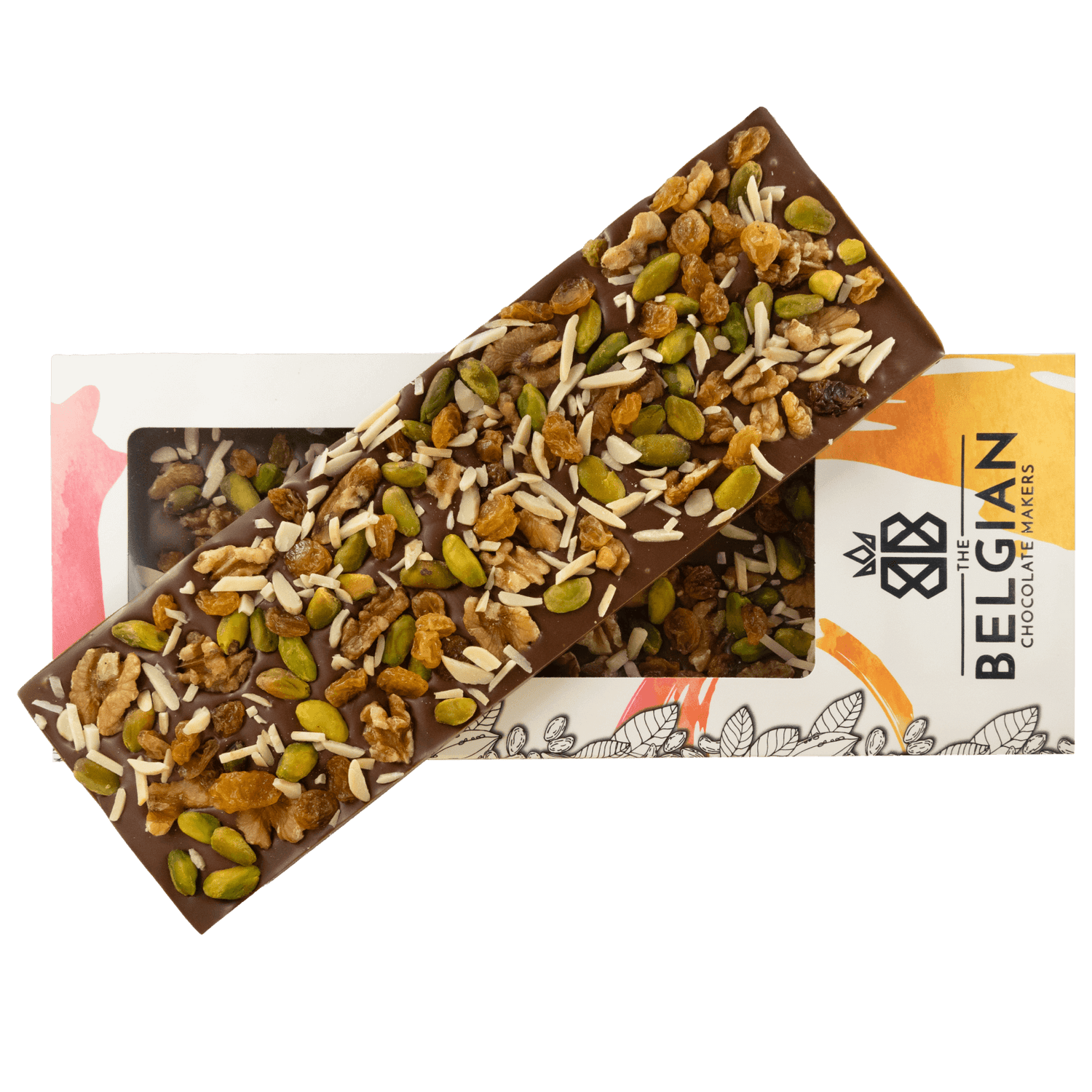 Fantasy milk chocolate bar 375 grs with walnut, pistachio, almond and raisins chunks