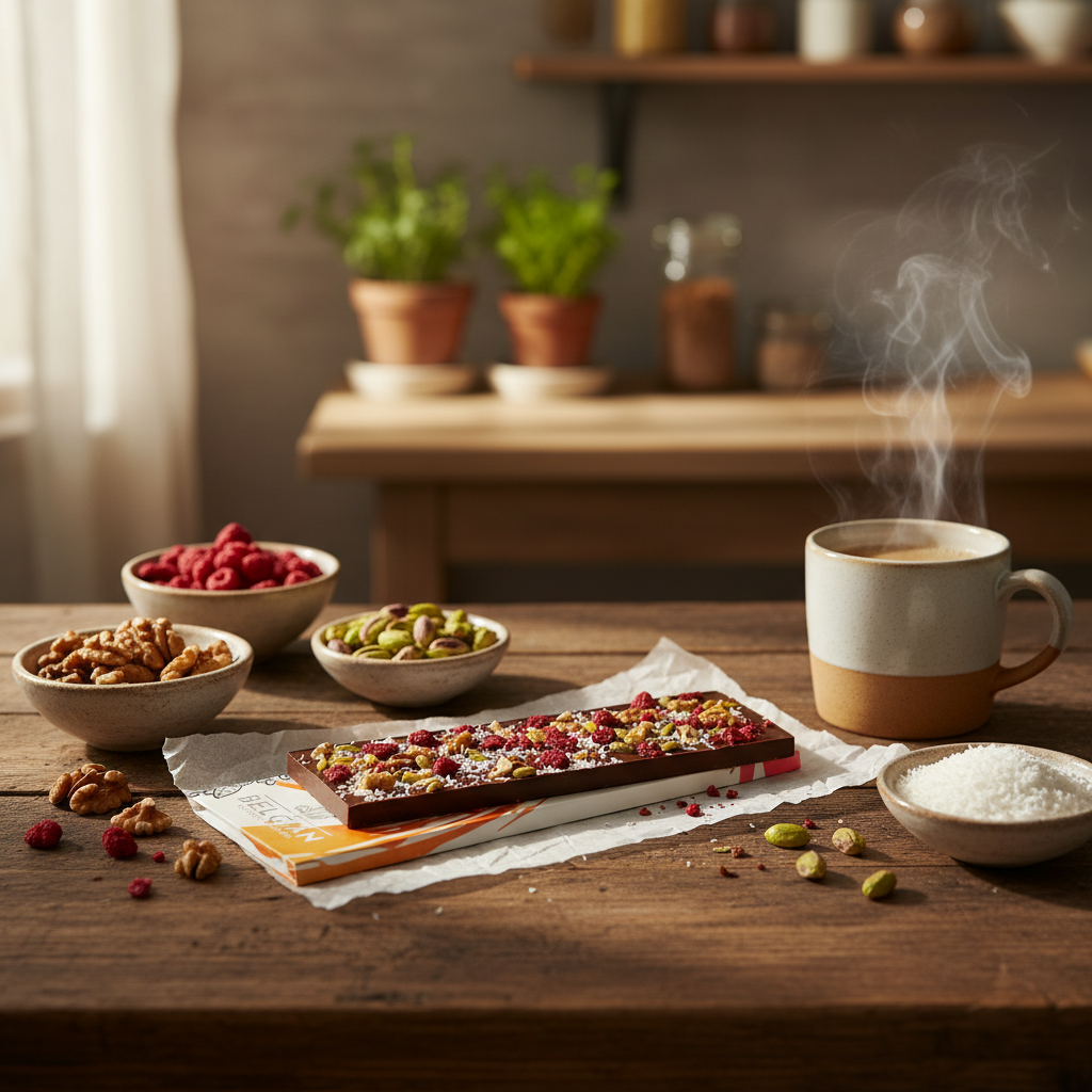 Fantasy milk chocolate bar 550 grs with walnut, pistachio, raspberry and coconut chunks
