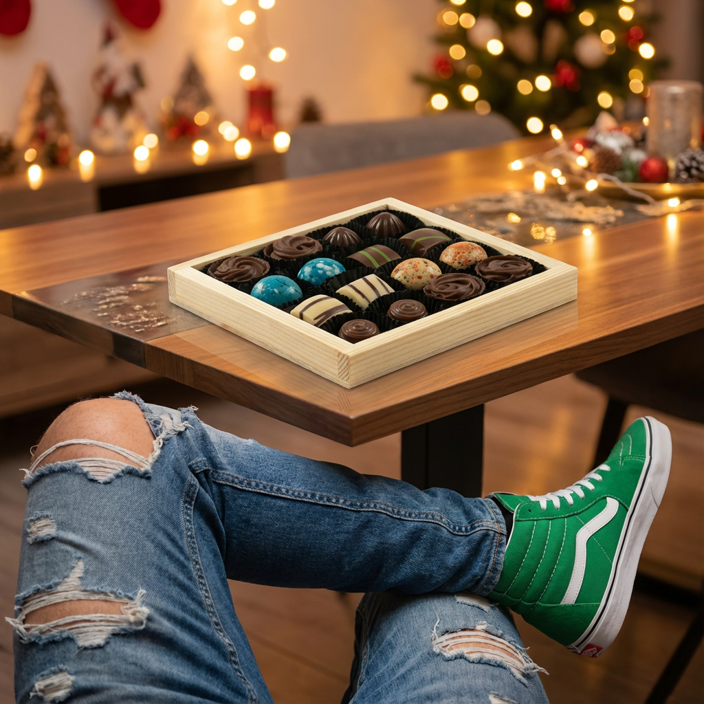 Wooden gift box with 16 pralines