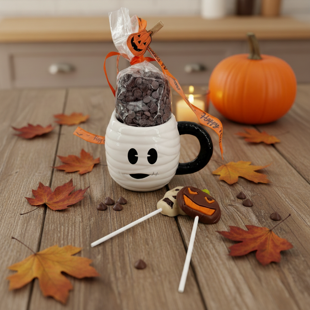 Milk chocolate drops in cup mummy with lollipops