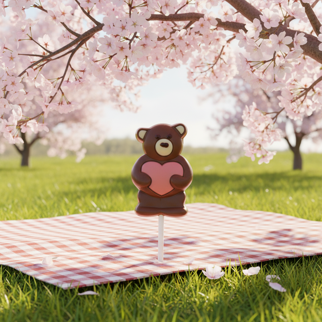 Milk chocolate pink heart teddy bear lollipop 20g