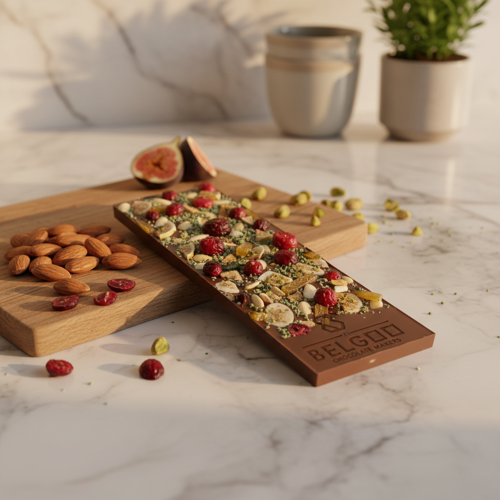Fantasy milk chocolate bar 375 grs with fig, cranberry, almond, lemon and pistachio chunks