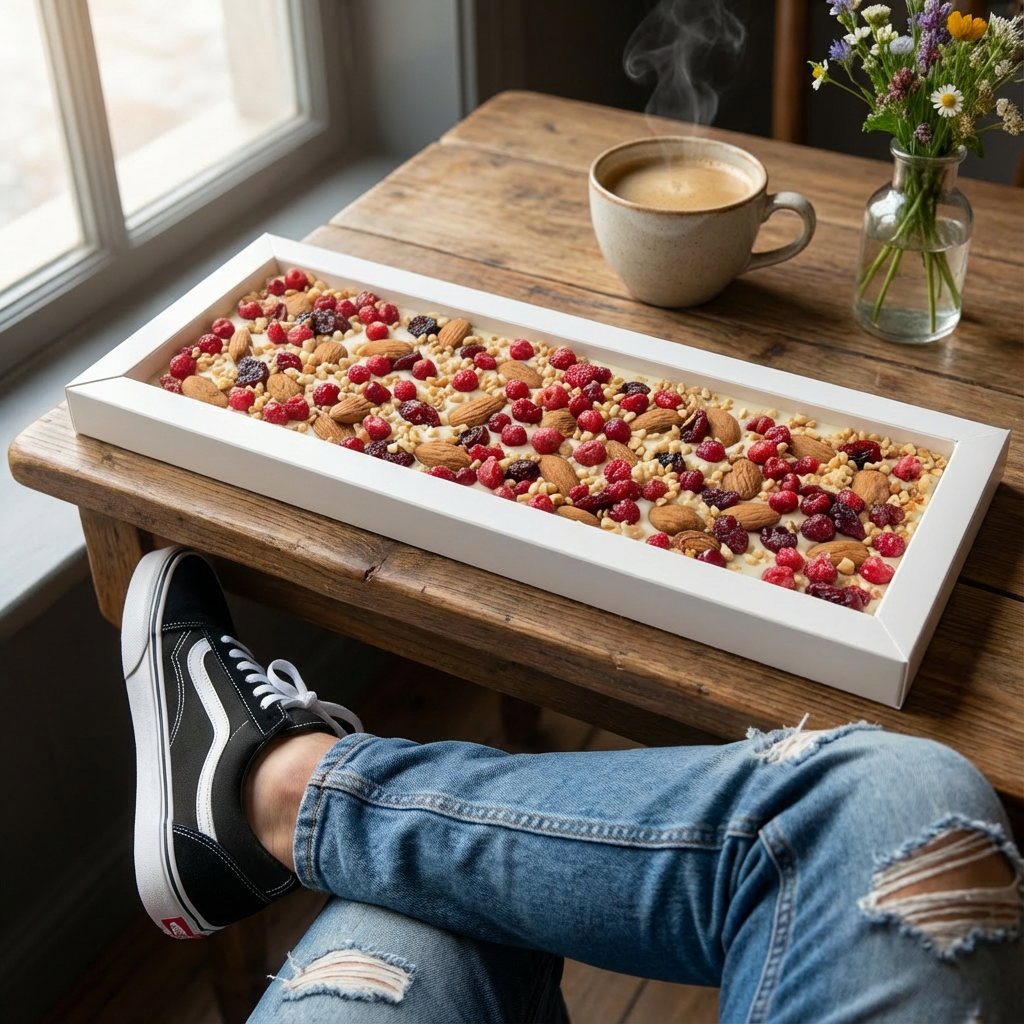 Fantasy white chocolate bar 550 grs with almond, cranberry, redcurrant and hazelnut chunks