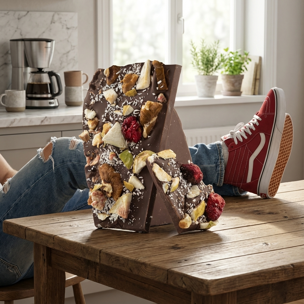 Milk chocolate broken bars with fig, lemon, cranberry, walnut, coconut