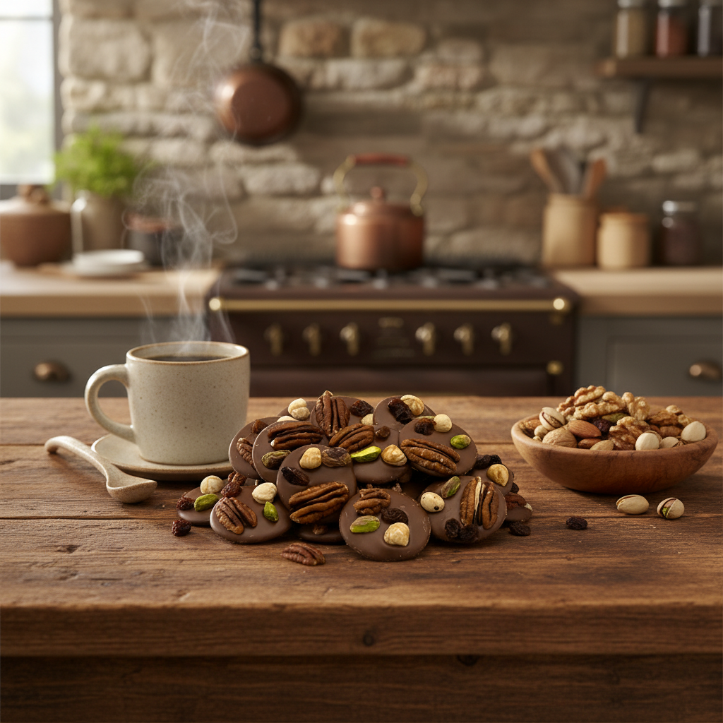 Milk chocolate mendiants with pecan, pistachio, raisin and hazelnut chunks