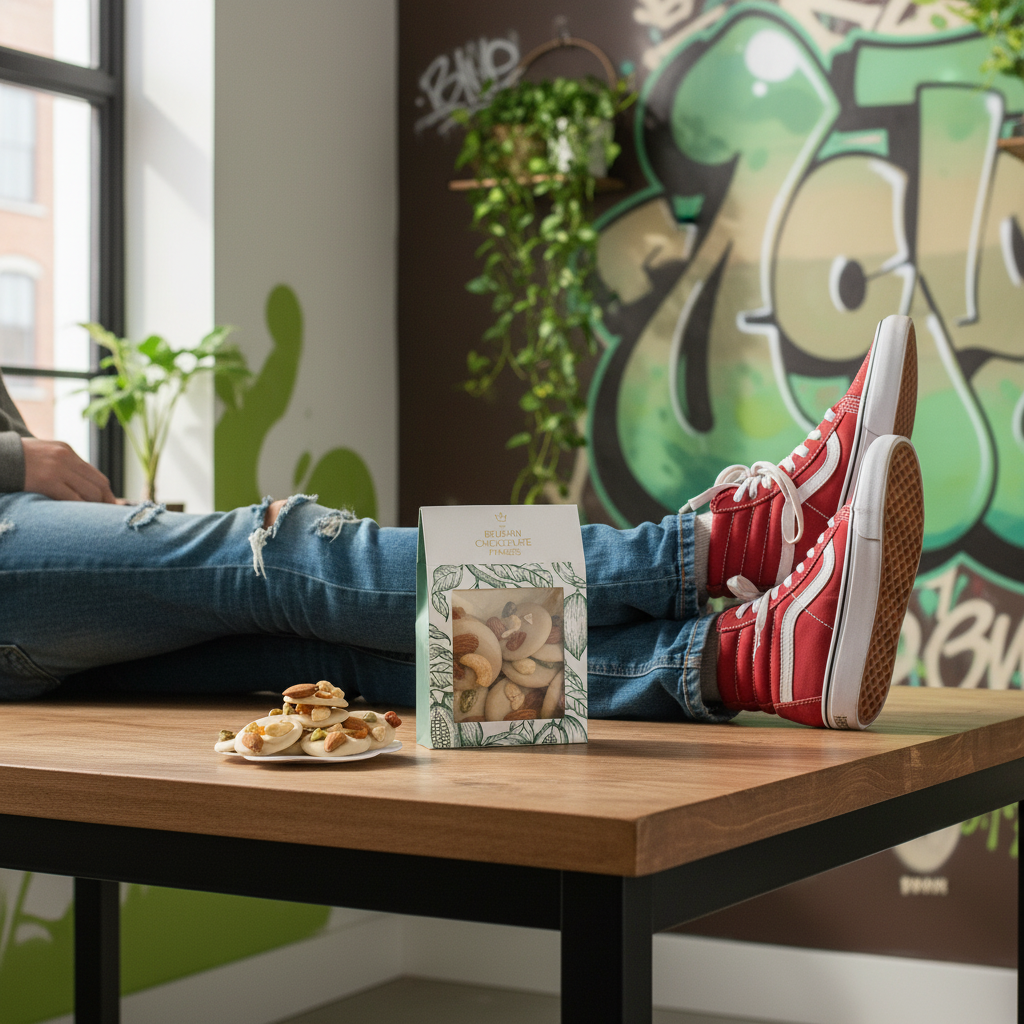 White chocolate mendiants with pistachio, almond, raisin and cashew chunks