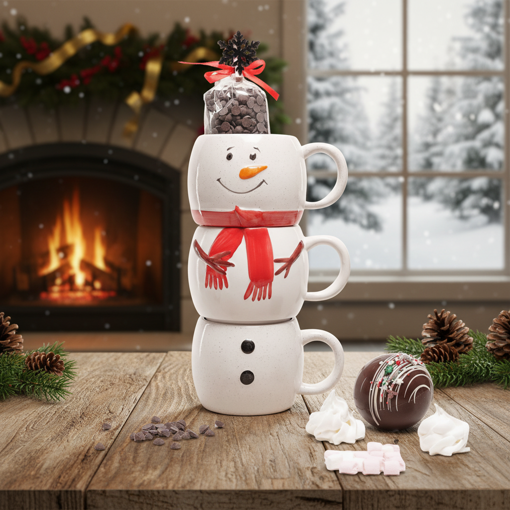 Dark chocolate drops in three snowman mugs 200g