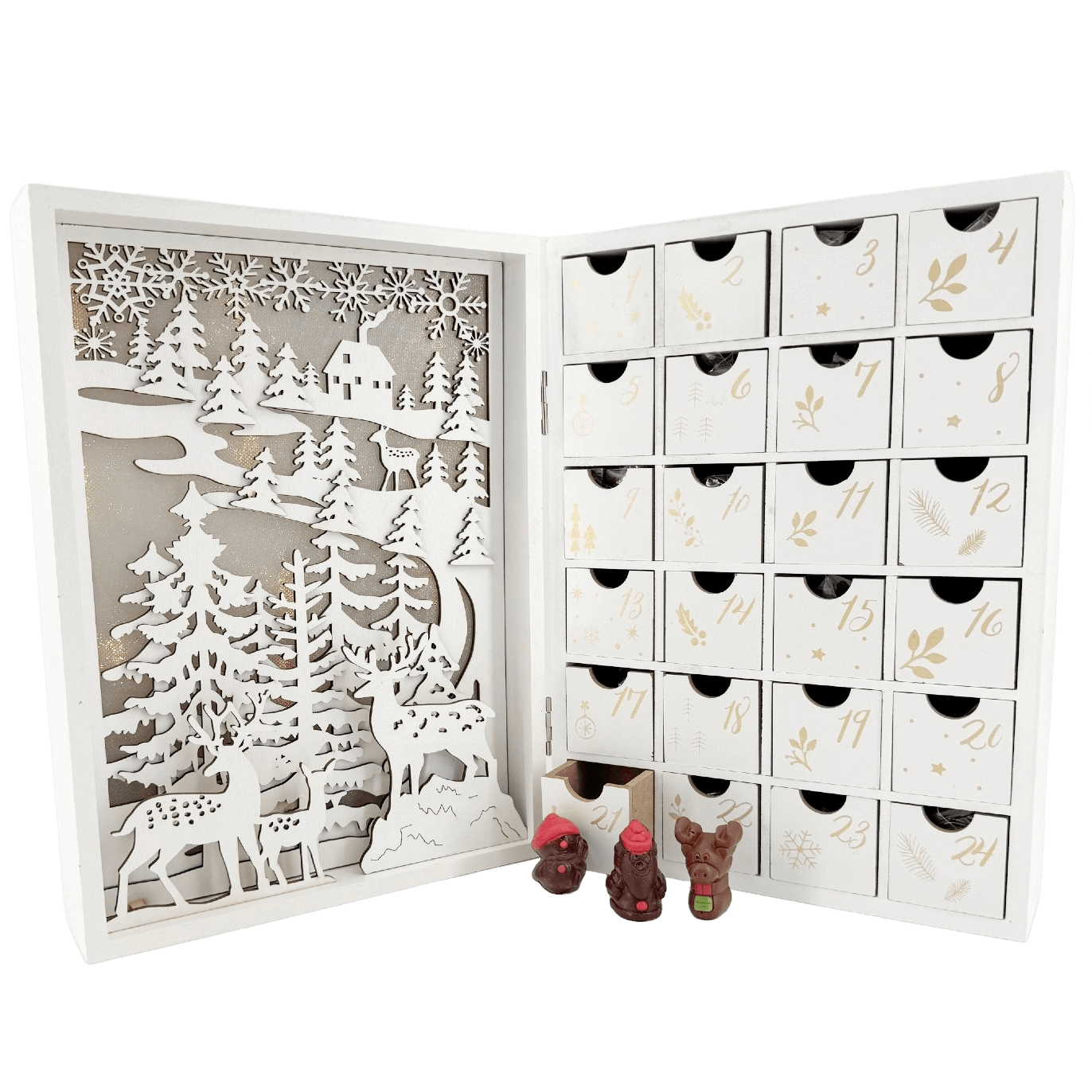 Wooden lighted advent calendar book 24 figurines