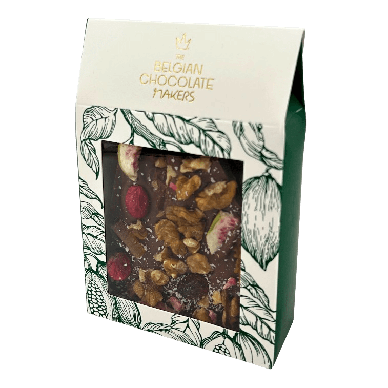 Milk chocolate broken bars with fig, lemon, cranberry, walnut, coconut