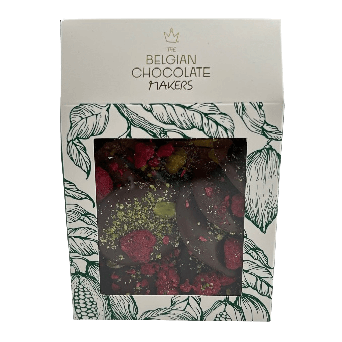 Dark chocolate mendiants with raspberry and pistachio chunks