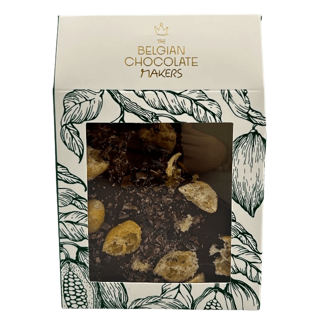 Dark chocolate broken bars with kumquat and cacao nibs