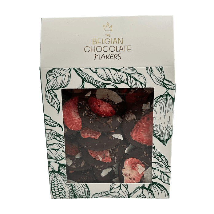 Dark chocolate mendiants with cacao nibs, strawberry and coconut chunks