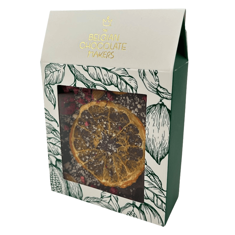 Dark chocolate broken bars with raspberry, almond and orange