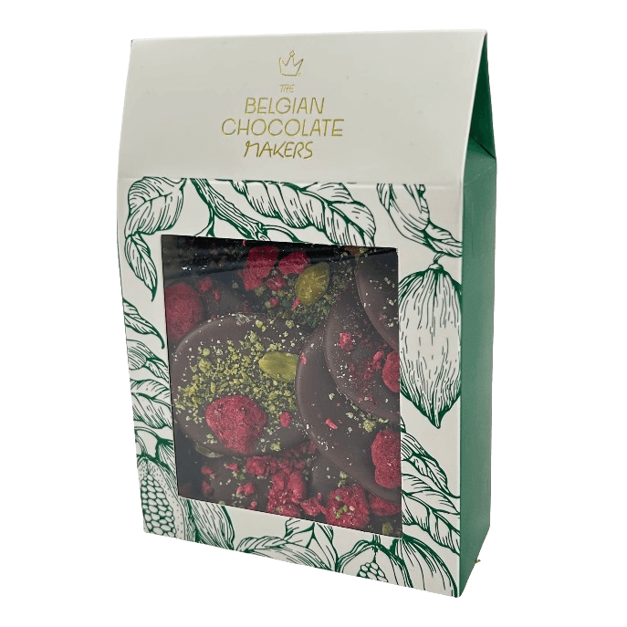 Dark chocolate mendiants with raspberry and pistachio chunks