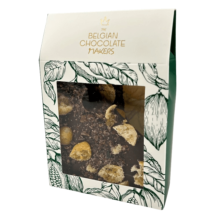 Dark chocolate broken bars with kumquat and cacao nibs