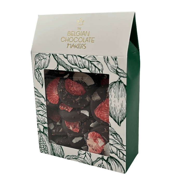 Dark chocolate mendiants with cacao nibs, strawberry and coconut chunks