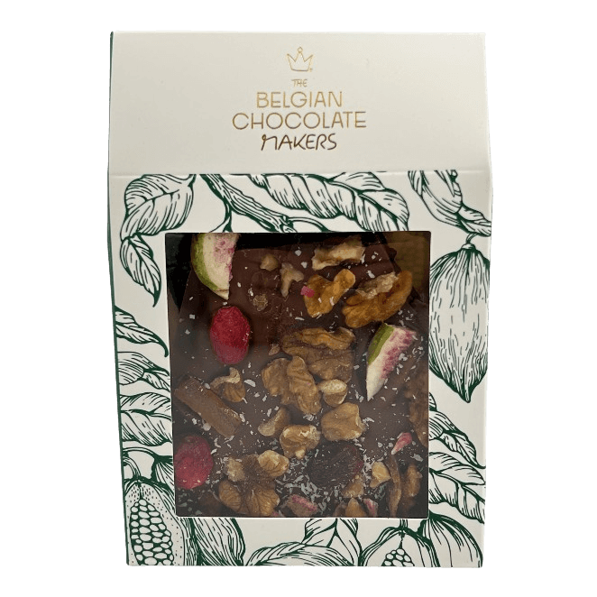 Milk chocolate broken bars with fig, lemon, cranberry, walnut, coconut