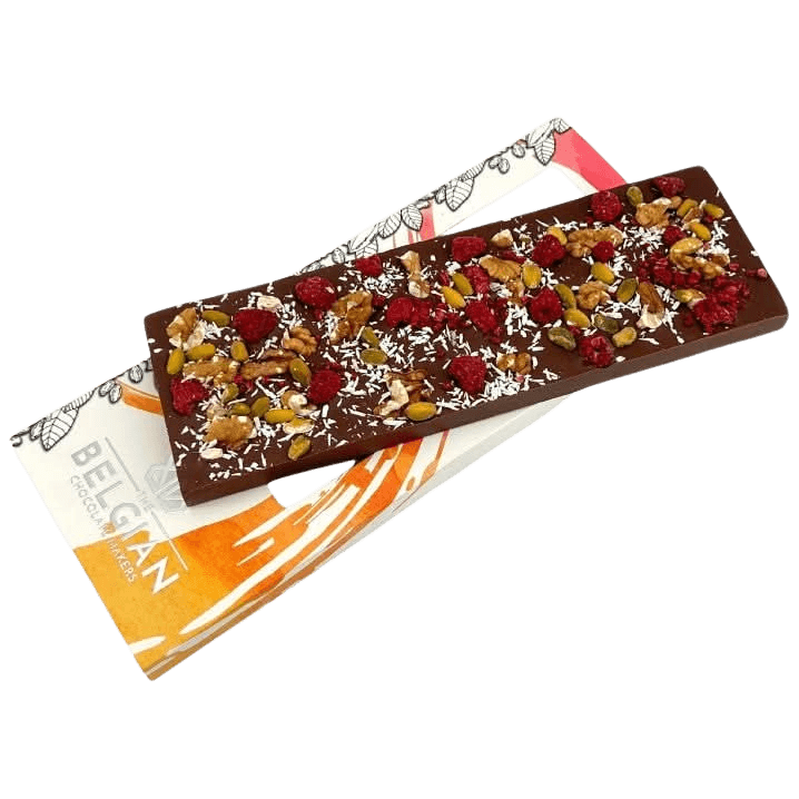 Fantasy milk chocolate bar 375 grs with walnut, pistachio, raspberry and coconut chunks