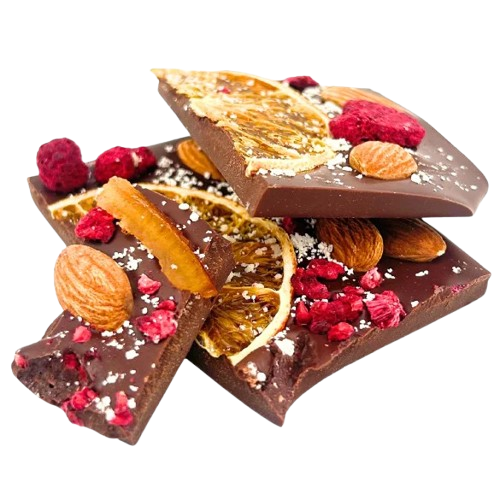 Dark chocolate broken bars with raspberry, almond and orange