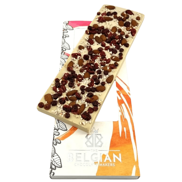 Fantasy white chocolate bar 550 grs with almond, cranberry, redcurrant and hazelnut chunks