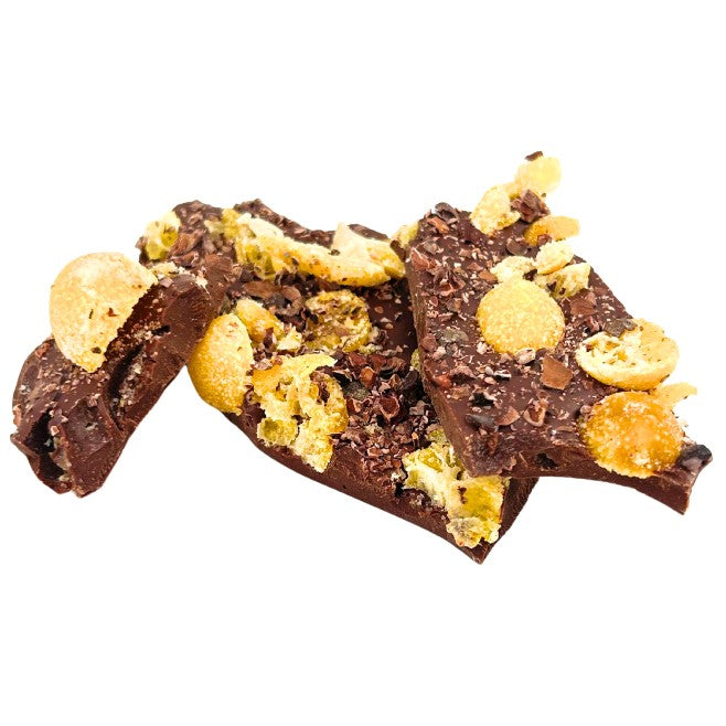 Dark chocolate broken bars with kumquat and cacao nibs