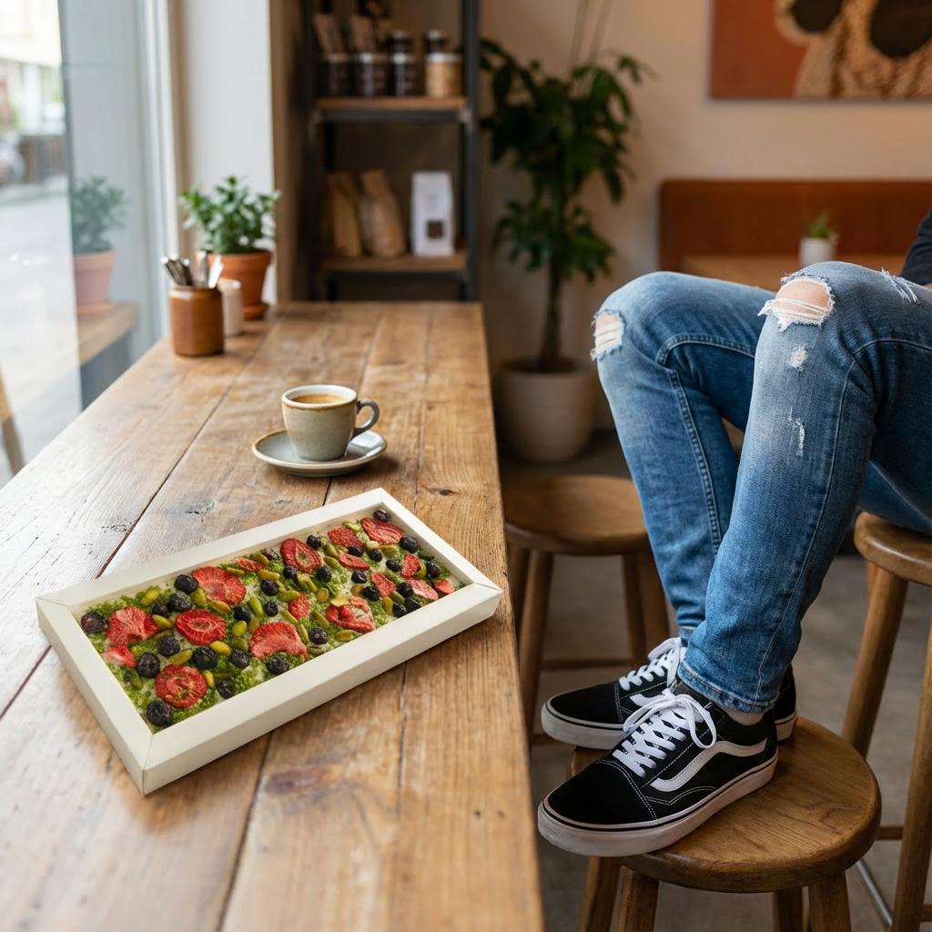 Fantasy white chocolate bar 550 grs with strawberry, pistachio and blueberry chunks