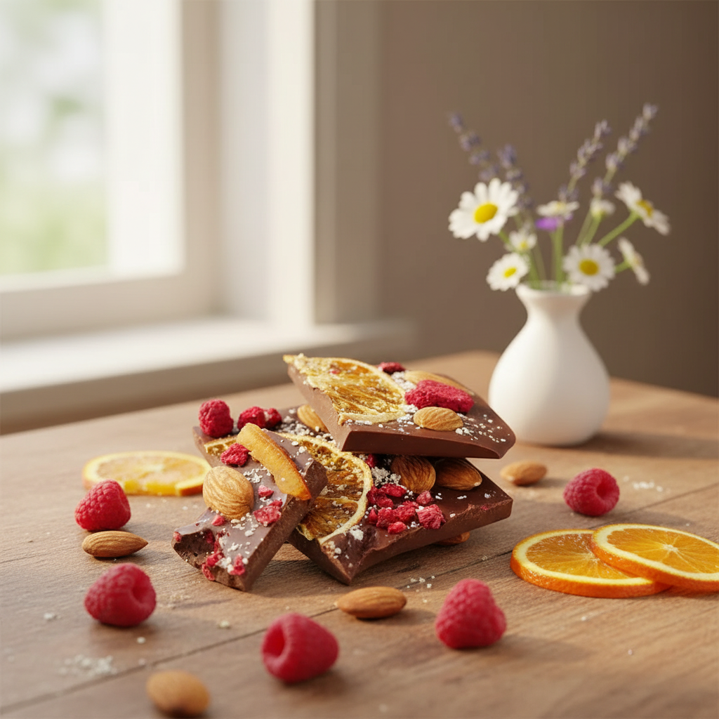 Dark chocolate broken bars with raspberry, almond and orange