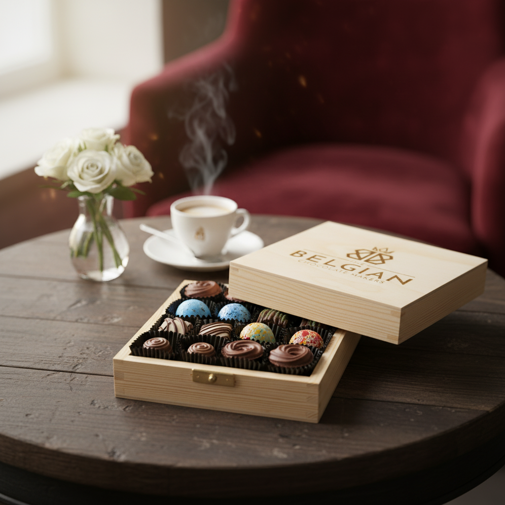 Wooden gift box with 16 pralines