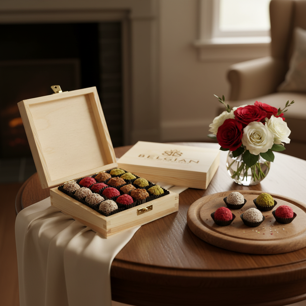 Wooden gift box with 16 truffles