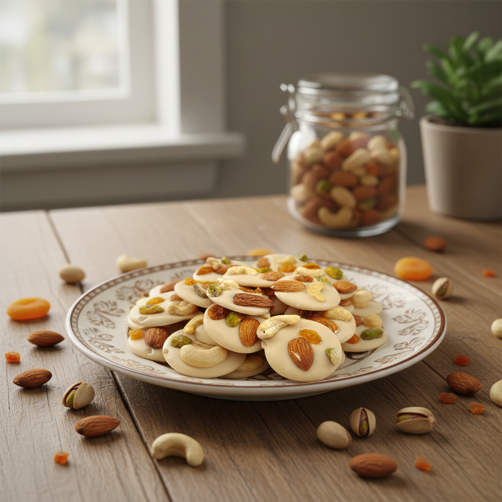 White chocolate mendiants with pistachio, almond, raisin and cashew chunks