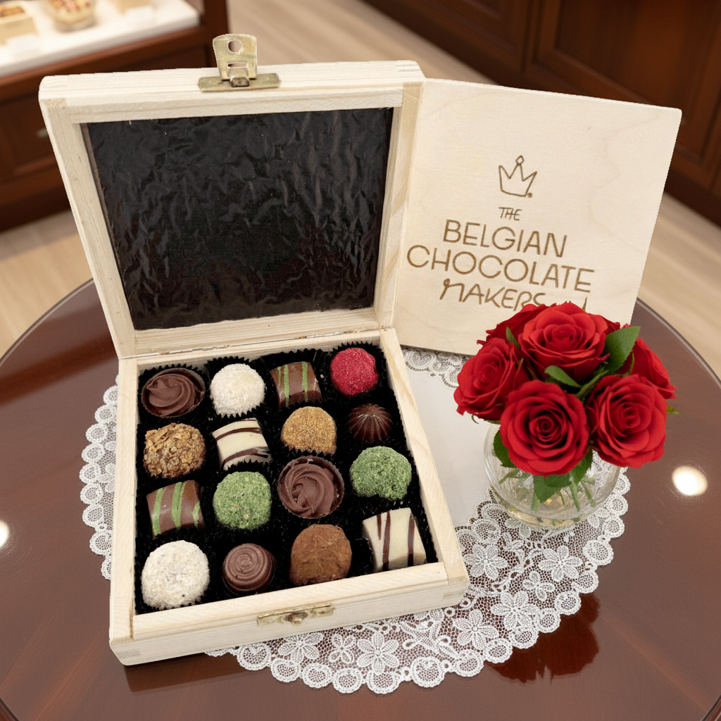 Wooden gift box with 16 pralines and truffles