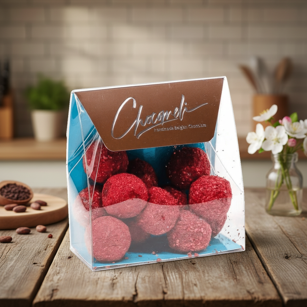Pouch of Belgian truffles with raspberry coating