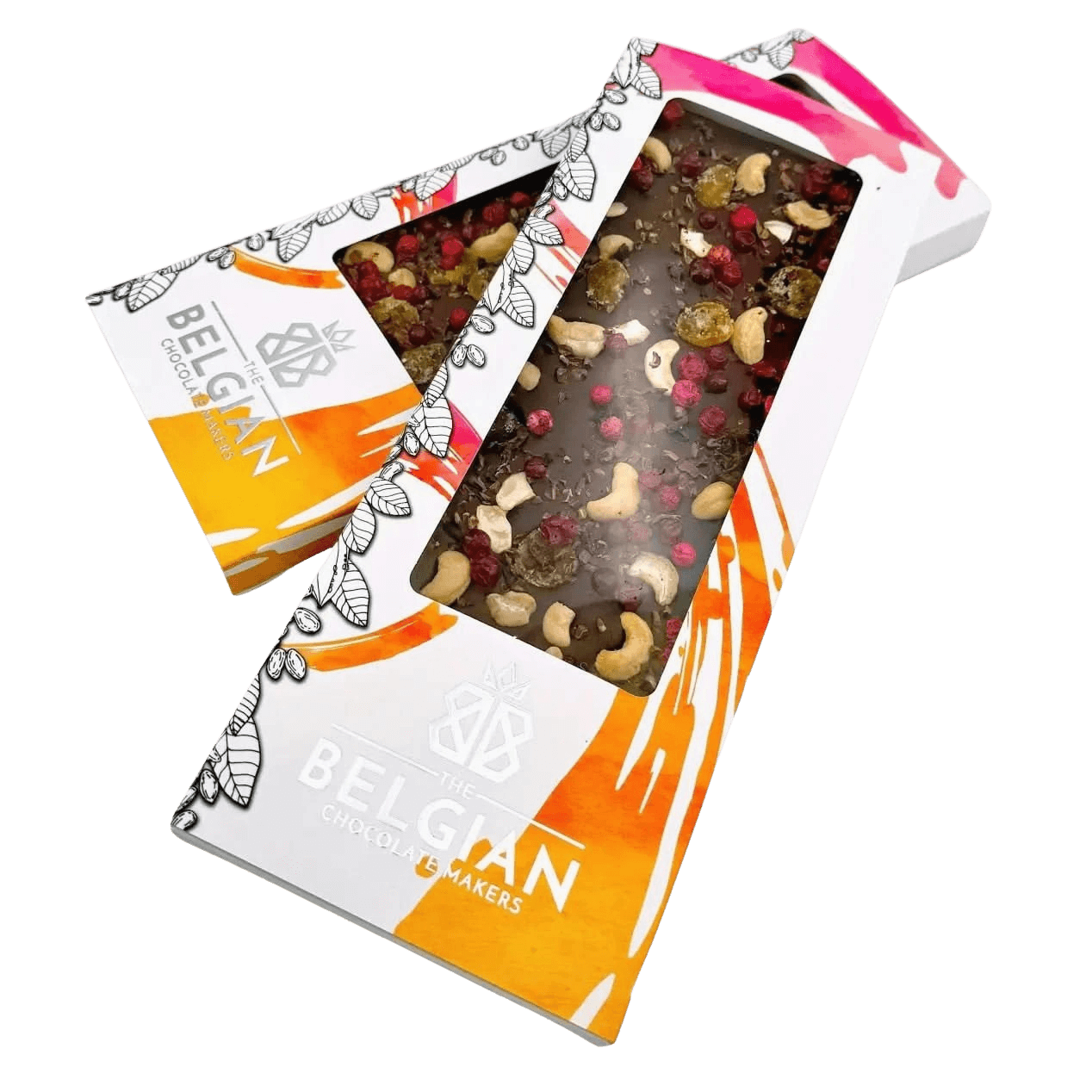 Fantasy dark chocolate bar 550 grs with cacao nibs, cashew nut, kumquat and redcurrant chunks
