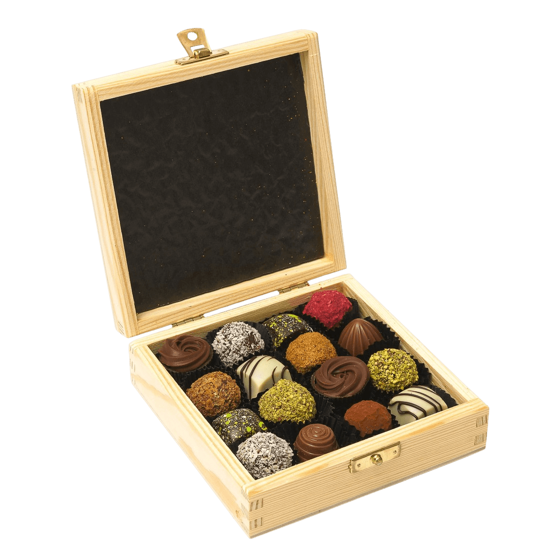 Wooden gift box with 16 pralines and truffles