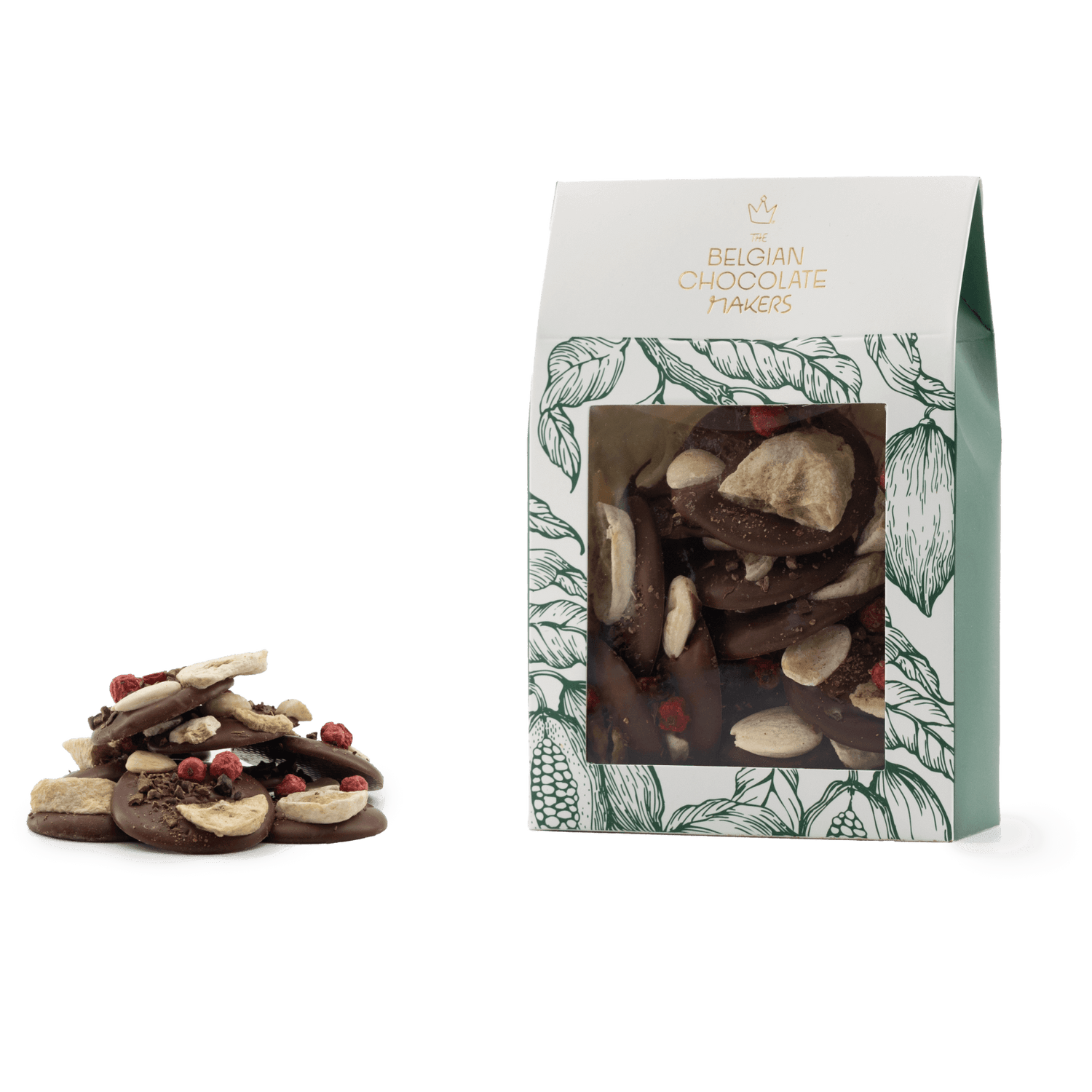 Milk chocolate mendiants with banana, almond and pecan chunks